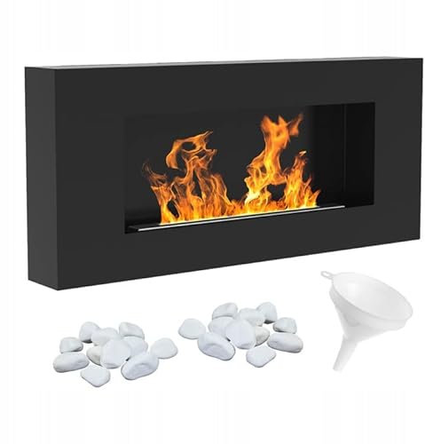 KRATKI Delta Flat Bioethanol-Kamin - TÜV-geprüfter Wandkamin - 0,4 Liter Biobehälter, echtes rauchfreies Feuer - 2 kg Dekosteine und Trichter inklusive - schwarzer Matter Stahl, 40 x 90 cm