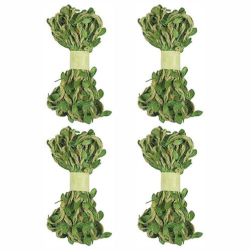 LSRVNM 4 Rollen Jute Schnur mit Blatt, 40M Natürliche Jute-Schnur mit künstlichen Blättern, Künstliche Blätter Pflanzen für DIY Handwerk, Geschenkverpackung, Hochzeit, Garten (10M / 1 Rollen)