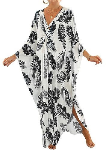 Bsubseach Traje de baño para mujeres Vestido kaftan de playa Talla grande Caftán Verano Largo Cover Ups Negro Hojas de impresión