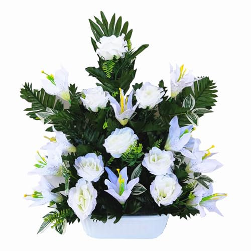 ASGRADO Flor de Santos Flor Artificial Flor Centro para para Cementerio 45x50cmIncluye 1 un Artificial Flores y Vela. (Blanco)