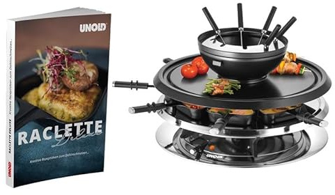 Unold 487269 Raclette Multi 4 in 1 inkl. Raclette Rezeptbuch mit 50 Rezepten | Raclette-Grill für 8 Personen, wendbarer Antihaft-Grillplatte, Edelstahl/Schwarz, 1300W [Energieklasse A+]