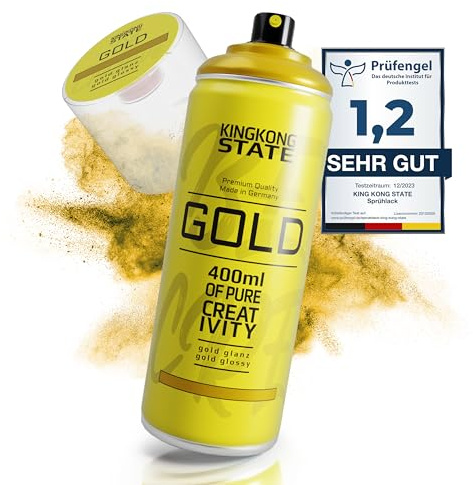 King Kong State Premium sprayfärg guld glänsande – högtäckande sprayfärg för gör-det-själv-området, lämplig för alla ytor; spraylack tillverkad i Tyskland, sprayburk 400 ml (guldglansig)