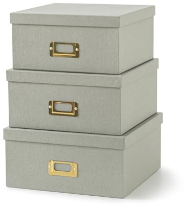 Soul & Lane Gray Kraft Paper Boxes for Storage, Set of 3 Square Stacking Boxes with Lids and Gold Label Holders, Decorative Cardboard Photo Storage for Decor and Organizing