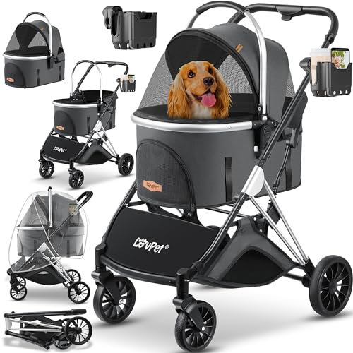 LOVPET® Hundewagen 3in1 Hundebuggy bis 20kg Hundebox Transporttasche faltbar klappbar Große Räder Netzfenstern Regenschutzabdeckung Getränkehalter Kuscheldecke Katzenbuggy Jogger Buggy für Haustiere