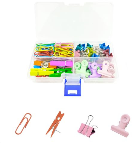 Bürobedarfs-Clip-Set mit Box, 118 Stück, 4 Arten, Büroklammern, Scharnier-Clips und Holz-Pinnnadel-Clips-Sets für Büro, Zuhause und Schule, Schreibtisch-Organizer und Zubehör