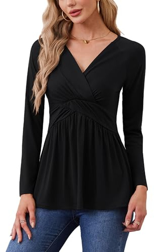 TIANZHU Womens V-Neck Long Sleeve Tunic Tops Wrap Baby Doll Shirt Empire Waist Low Cut Flowy Hem Blouse for Causal, Black, Size 24-26