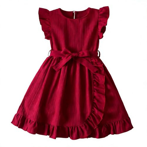 JiAmy Filles Robes Côtelées À Volants Costume Manches Flottantes Couleur Unie A Ligne Robe pour Enfants pour Enfants de 3 à 4 Ans, Rouge