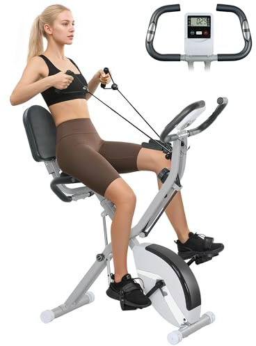 SPORTNOW Vélo d'appartement Pliable 5 en 1 pour la Maison avec résistance magnétique à 8 Niveaux, vélo Stationnaire Pliable Droit/couché avec Bandes d'entraînement pour Bras, capteur de fréquence