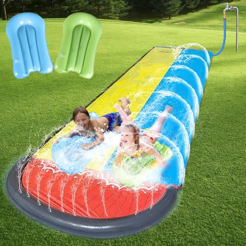 KUWUNG Scivolo d'acqua da giardino, 6,1 x 1,4 m, doppio scivolo d'acqua, con 2 bodyboard, scivolo d'acqua per bambini e adulti