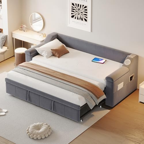 Huayz Divano letto imbottito estraibile 90/180 x 200 cm, letto giornaliero con impianto stereo Bluetooth intelligente con porta di ricarica USB, tasca laterale, letto singolo/matrimoniale, tessuto di