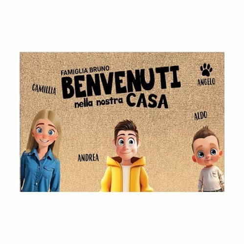 Social Crazy Tappeto zerbino personalizzato - Famiglia Cartoon - cocco naturale ideale per ingressi (Cocco Naturale, 60x40 cm)