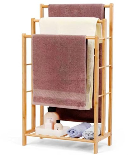 Relquorax Toallero de bambú con estante, toallero de pie, escalera de pie con 3 barras, baño, salón, ahorra espacio (96 cm de alto)