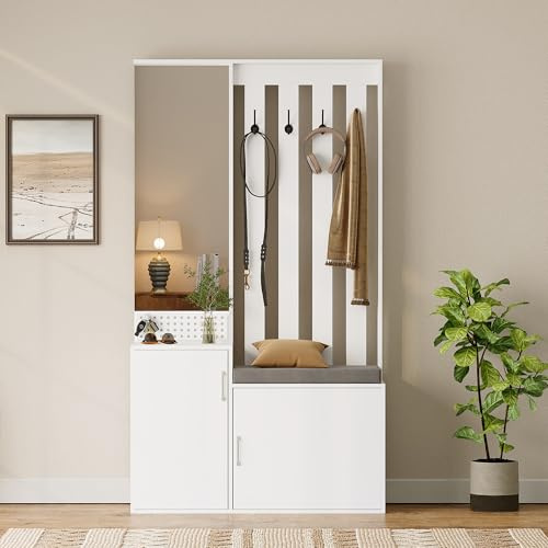 Appendiabiti compatto 110x40x180 cm, scaffale con specchio, armadietto per scarpe, armadio per ingresso, 4 ganci, Appendiabiti da Terra con cassetti e armadi