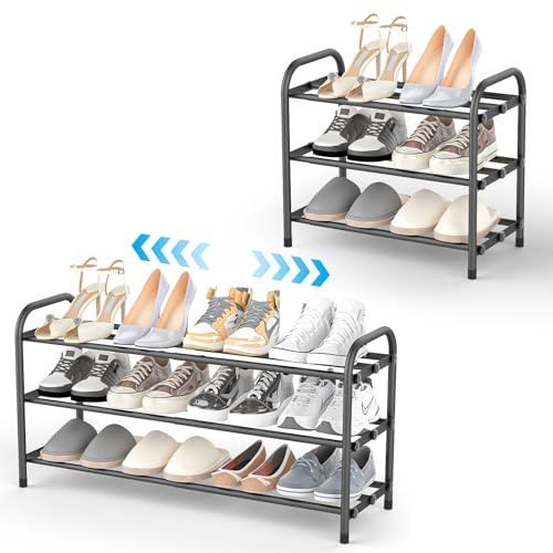 SKUTZTEK Étagère à Chaussures Extensible 3 Niveaux - Rangement Étroit en Métal, Réglable de 42-80 cm, Gain de Place pour Couloir, Entrée, Placard et Extérieur, Noir