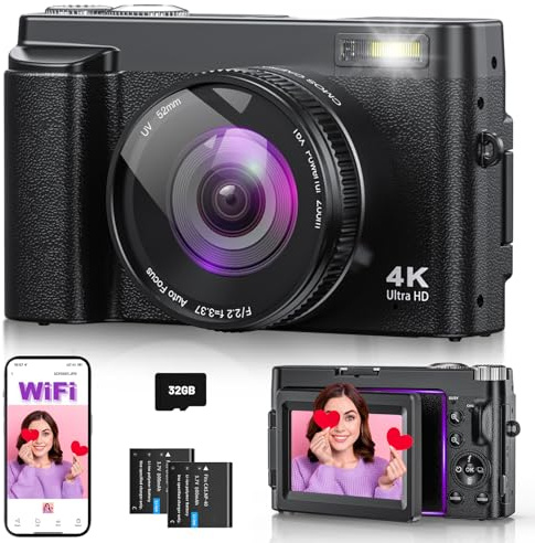 Appareil Photo numérique 4K 64MP avec WiFi écran Rabattable 180 degrés Zoom numérique 16x Double Batterie Carte SD 32 Go Chargeur Inclus idéal pour vlogging Selfies et Voyages