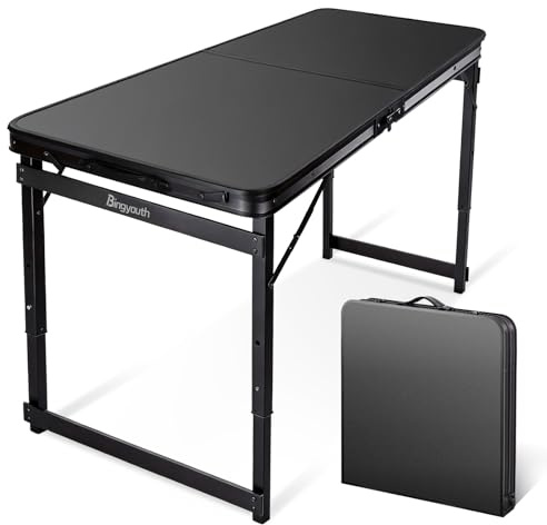 Mesa Plegable Camping 120x60 cm, altura ajustable 53/62/70 cm (3 niveles), con asa; aluminio tubo cuadrado doble barra y tablero MDF fácil de limpiar, mesa ligera y fácil de transportar para picnic, j