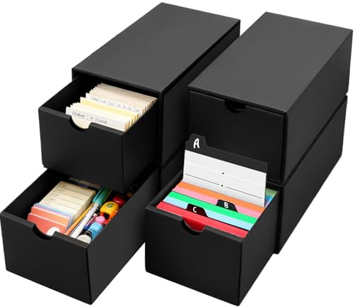 QUOTRE Caja para Fichas A6 Negra, Set de 4 Cajas Índice, Gran Capacidad de Más de 4000 Fichas, para Estudio, Toma de Apuntes, Escuela y Oficina