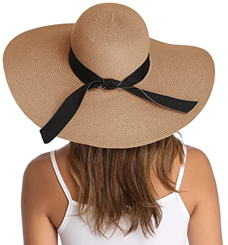 Lanzom Womens Wide Brim Straw Hat Big Floppy Foldable Roll up Cap Beach Sun Hat UPF 50+(Bowknot-Khaki)