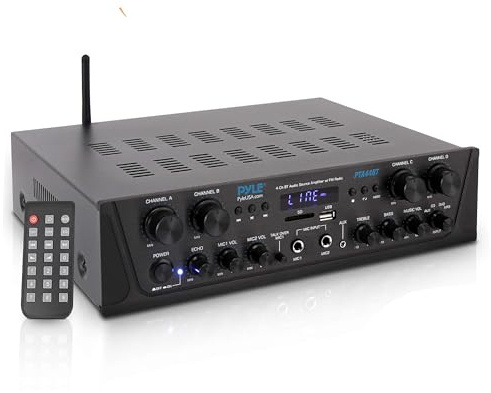Pyle 500W Karaoke Amplifier with Bluetooth - 4 Channel Stereo Output, Front Panel Aux In, MIC1 / MIC2, Mic Vol with Echo / Talk Over, USB-A, SD/MMC, Sub Out, Rec Out - Home / Commercial -PTA44BT.5
