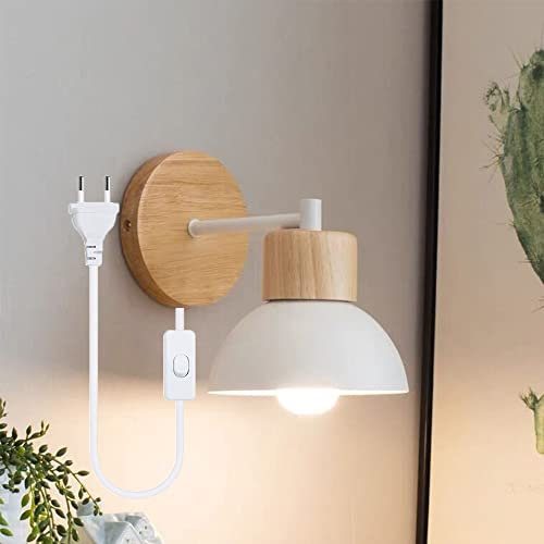 Lámpara de Pared Moderno, Apliques de Pared de Cabecera con Interruptor y Cable Enchufable Iluminación Interior E27 Madera Sala de Estar Corredor Dormitorio estudiar Luz de Lectura Enchufe (Blanco)