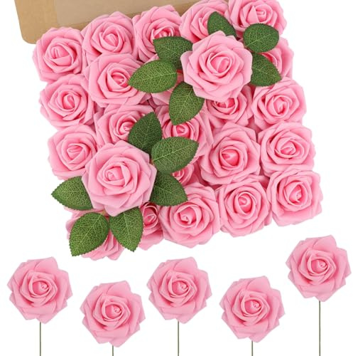 N&T NIETING 25 fiori artificiali, rose finte con steli per bouquet di nozze fai da te, centrotavola, composizioni floreali, tavoli per feste, decorazioni per la casa, rosa