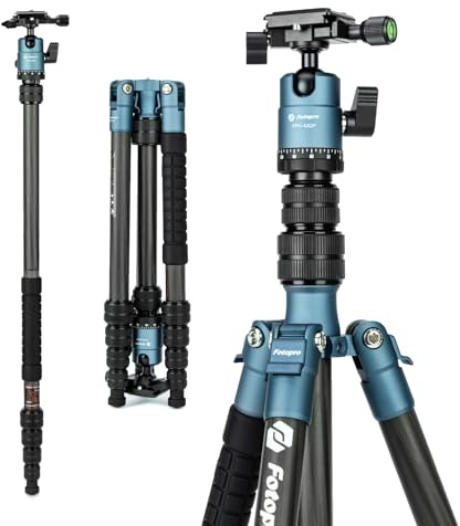 Fotopro Trípode de Viaje de Fibra de Carbono de 59 Pulgadas, trípode de cámara Compacto con Cabeza de Bola, monopie Desmontable con Placa de liberación rápida y Bolsa, Carga hasta 8 kg (Azul)
