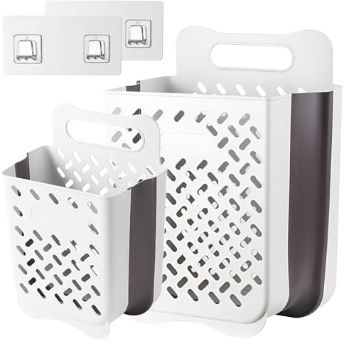 Pansyling Plastic Collapsible Hanging Laundry Baskets with Carry Handle, Space-Saving Wall Hanging Laundry Basket Durable Tall Folding Plastic Laundry Hamper Waterproof Dirty Clothes Organizer XL+L