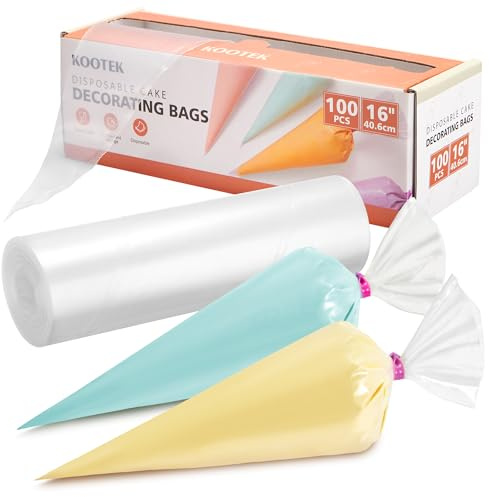 Kootek 16 Piping Bags (100Pcs), Disposable Pastry Bags Anti Burst Icing Frosting Bag Thick Cake Decorating Bags for Cookie, Cupcake, Candy, Baking Supplies Tools