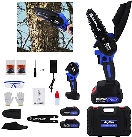 Mini Motosierra Bateria, Motosierra Sin Cable de 4 Pulgadas con 2 Baterías y 2 Cadenas, Motosierra Eléctrica Portátil de 21V con Una Sola Mano para Podar Jardinería