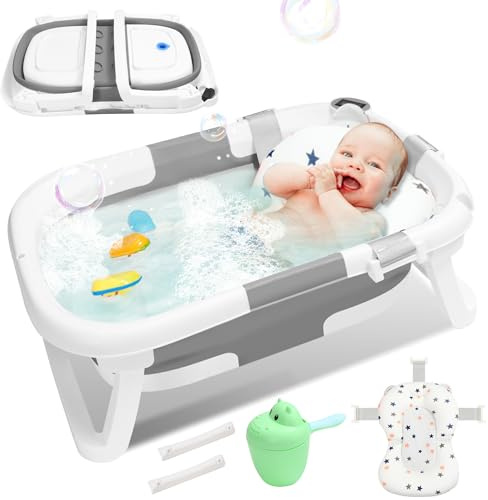 Cecaylie Babybadkar hopfällbart badkar baby, babybadkar nyfödda med badmatta, babybadkar med termometer, halkfritt bärbart babybadkar för nyfödda småbarn (grå)