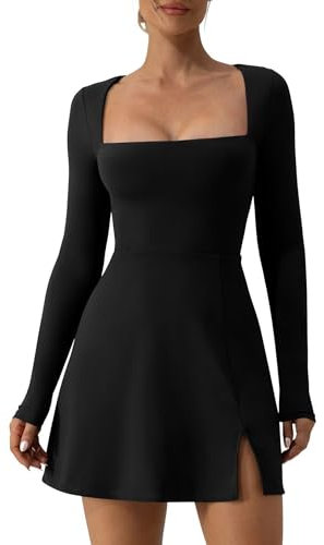 Yoisdtxc Women's Solid Color Square Neck Long Sleeve Dress Shrugged Shoulder Split Bottom Short Skirt Elastic Horn Mini Dress (A-Black 1, M)