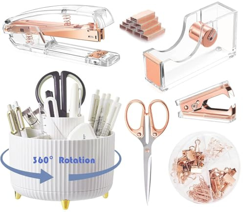 Rose Gold Desk Organizers and Accessories 7Pcs Set with 360-Degree Rotating Pen Holder, Acrylic Stapler, Tape Holder, Staple Remover, Binder/Paper Clips Kit, Scissor and 1 Box of Staples