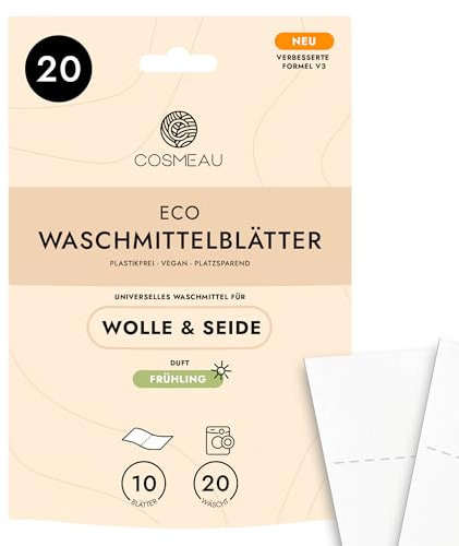 Cosmeau Waschmittel Blätter für Wolle und Seide - Frühlingsfrisch - bis zu 20 Waschgänge (20 Blätter) - Nachhaltige Waschmittelblätter - Plastikfrei & Perfekt als Reisewaschmittel