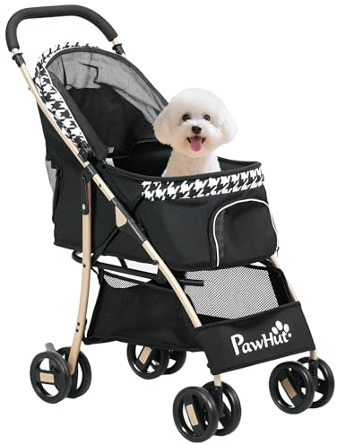 PawHut Carrito para Perros Plegable Cochecito para Mascotas con 2 Puertas Ventana de Malla Cesta de Almacenamiento Cuerda de Seguridad y Cojín Carga 15 kg 80x44,5x97 cm Negro