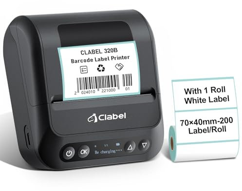CLABEL Etikettendrucker Bluetooth Selbstklebend, 320B 3 Zoll Thermo Tragbarer Etikettiergerät Barcode Beschriftungsgerät Kompatibel mit iOS Android PC Label Printer für Zuhause Einzelhandel Büro