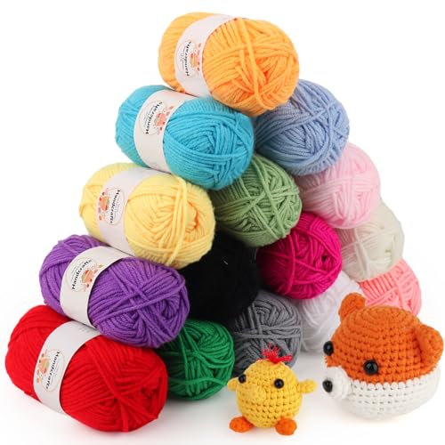 Coopay 15 Farbe Wolle zum Häkeln für Anfänger, 15 x 25g Weicher Bunt Strickgarn, 4 Faiding Acryl Häkelgarn für Kinder, Amigurumi für Puppen, Taschen, Untersetzer