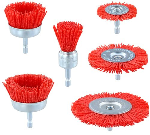 QWORK® 6 Piezas Cepillos de Nailon, Cepillo de Disco de Alambre de Lijado con 1/4 (6,35 mm) Vástago, para Lijar, Limpiar y Eliminar Óxido
