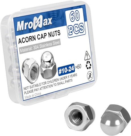 #10-24 Acorn Cap Nuts, 60Pcs 304 Stainless Steel(18-8) Crown Cap Nut for Bolt, Dome Head Hex for Indoor Outdoor, Bright Finish, 3/8 in Hex Wd