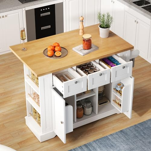KUAKE Isola da Cucina con Piano di Lavoro Ribaltabile, Armadio da Cucina su Ruote con Cassetto e Portaspezie, per Cucina e Sala da Pranzo, Portasciugamani, 120x40(70)x87 cm (Bianco)