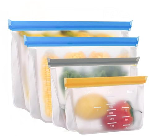 Silikon Beutel & Gefrierbeutel, 4 Stück Wiederverwendbare Aufbewahrungsbeutel, Gefrierbeutel mit Stehendes Boden-Design, Silikon-Lebensmittelbeutel, Sandwichbeutel, für Brotbeutel Milch Snacks Fleisch