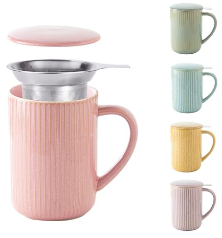 Yundu 470ml Tasse à thé en céramique avec couvercle et filtre, grande tasse à thé rayée - Flamme rose