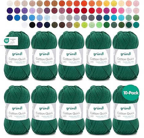 Gründl Laine Cotton Quick uni – laine fine pour crochet – fil à tricoter – fil à crocheter – brillante et douce pour la peau – 100% coton – 10 pelotes 50 g / 125 m – taille d’aiguille 3-4 - sapin