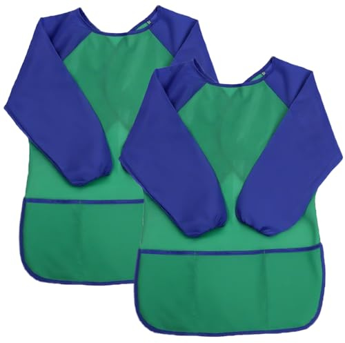 XIEJINJIA 2 Pack Kids Art Smock with Long Sleeve 3 Roomy Pockets Artist Children Play Aprons for Age 3-8 Painting Craft(Green)