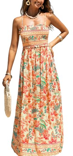 CUPSHE Vestido Maxi para Mujer con Estampado Floral Ditsy sin Mangas Fruncido con Volantes Tirantes Espagueti Vestidos Largos de Verano para Playa, Naranja Floral, M