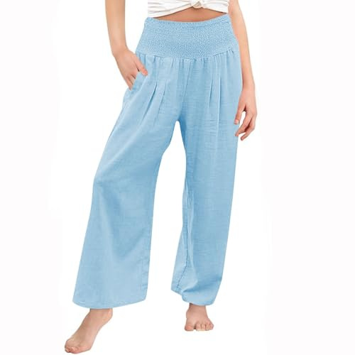 Mjjsk Flickor linnebyxor Elastisk midja Breda ben Sommar Andas Byxor Barn Mjuk Lätt Casual Byxor Bekväma Byxor