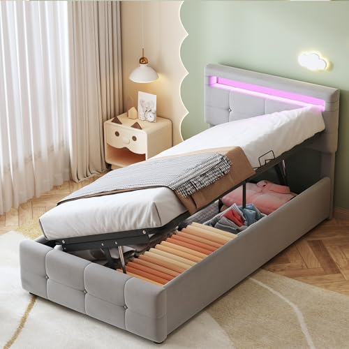 LAKFEW Cama Individual 90x200 cm con Almacenamiento Hidráulico y LED, Camas Juveniles Cama 90 con Cabecero Ajustable, Cama Juvenil, Terciopelo, Gris, Sin Colchón