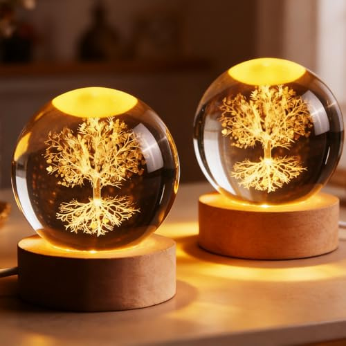 Behogan Set di 2 sfere di cristallo decorative da 6 cm, colore bianco, con base in legno, decorazione a sfera in vetro, incisione interna al laser 3D, fermacarte con albero della vita, sfera di vetro
