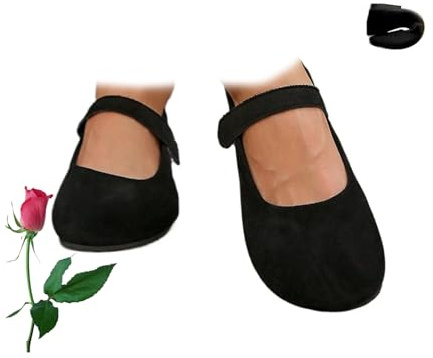 POIOZXD Zapatos planos ortopédicos de gamuza Mary Jane para mujer, ancho ancho, puntera cerrada, sin cordones, elegantes, planos, suaves, transpirables, con correas, Black, 38 EU