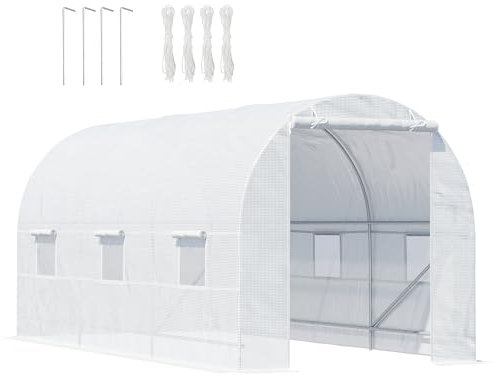 Outsunny Serra per Orto con 6 Finestre e Porta Avvolgibile, Serra da Giardino a Tunnel, Serra per Piante con Struttura in Metallo e Telo in Polietilene, 4.5x2x2m, Bianco
