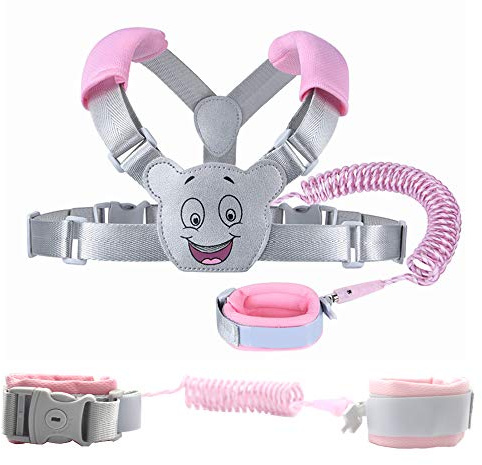 SMBOX Baby Reins Walking Backpack Harness for Toddlers, Kids, Children 3-in-1, Anti Lost Safety Wrist Cuff with Lock + Backpack + 1.5m Bungee Straps Link